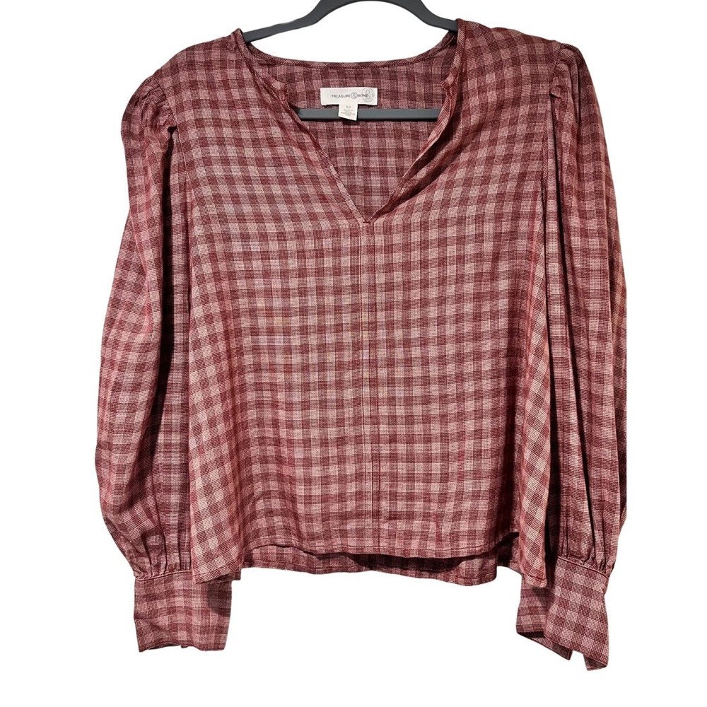 TREASURE & BOND Plaid Puff Shoulder Long Sleeve Shirt V- Neek‎ Brown Size XZ